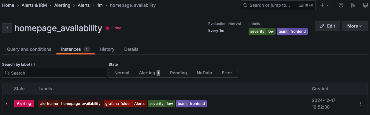 Alert rule view page in Grafana Alerting