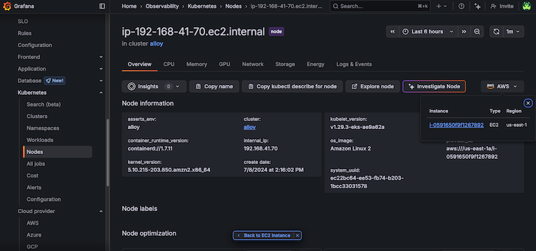 Kubernetes Node overview page with AWS drop-down and EC2 instance link