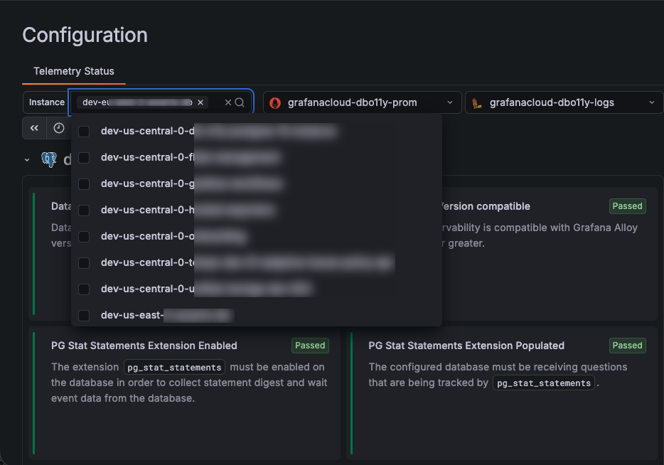 This image displays the Configuration page with the instance dropdown and a grid of telemetry status checks.