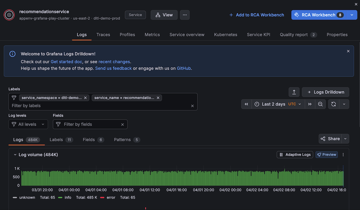 Logs tab showing log stream and Logs Drilldown button