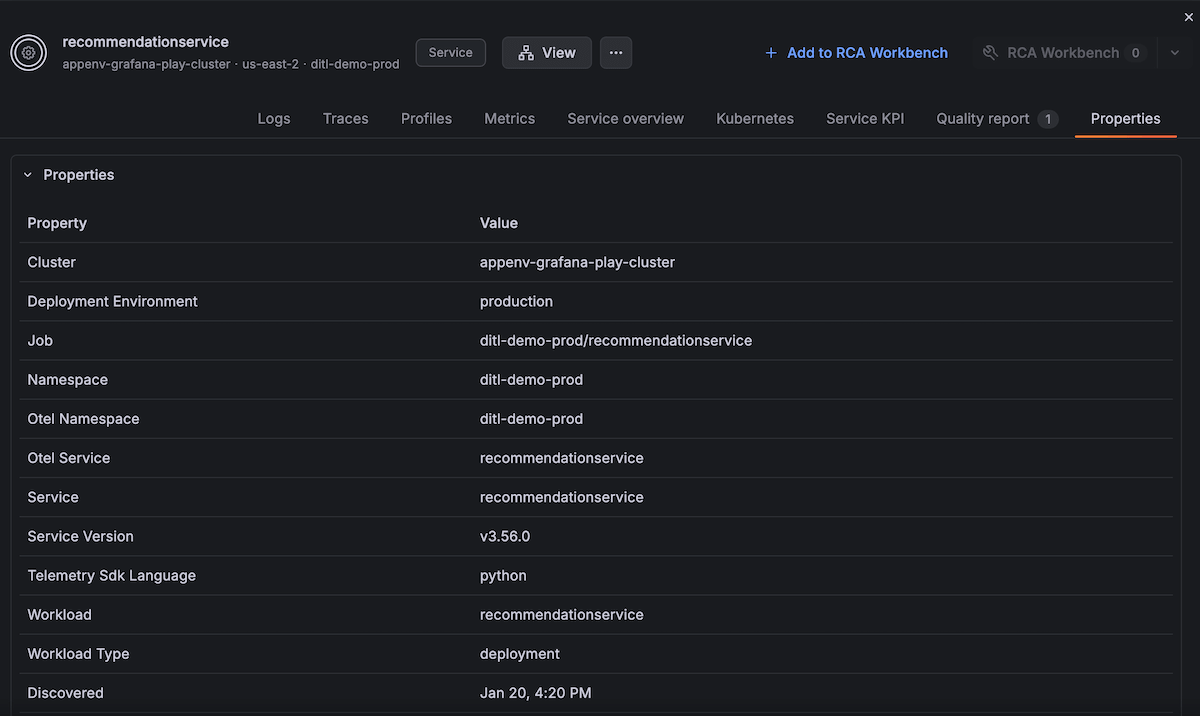 Properties tab showing entity metadata, labels, and discovery information