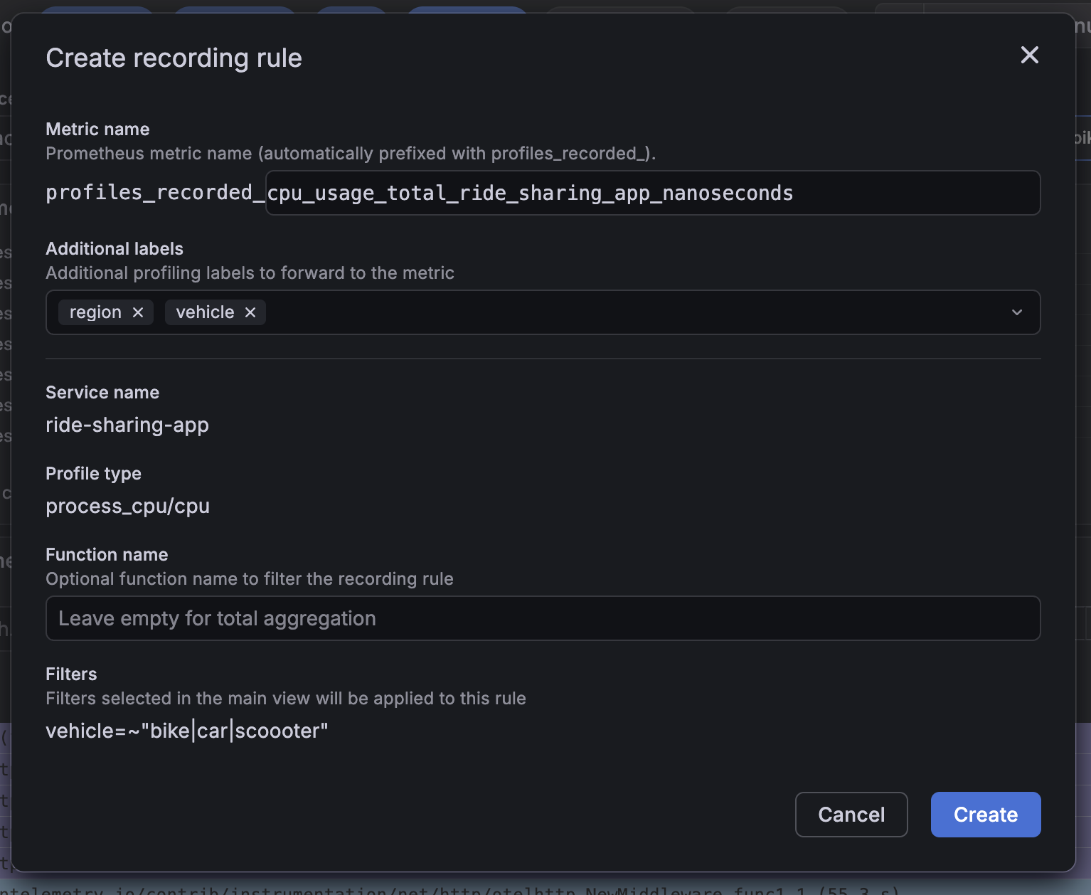 Example of a recording rule creation wizard