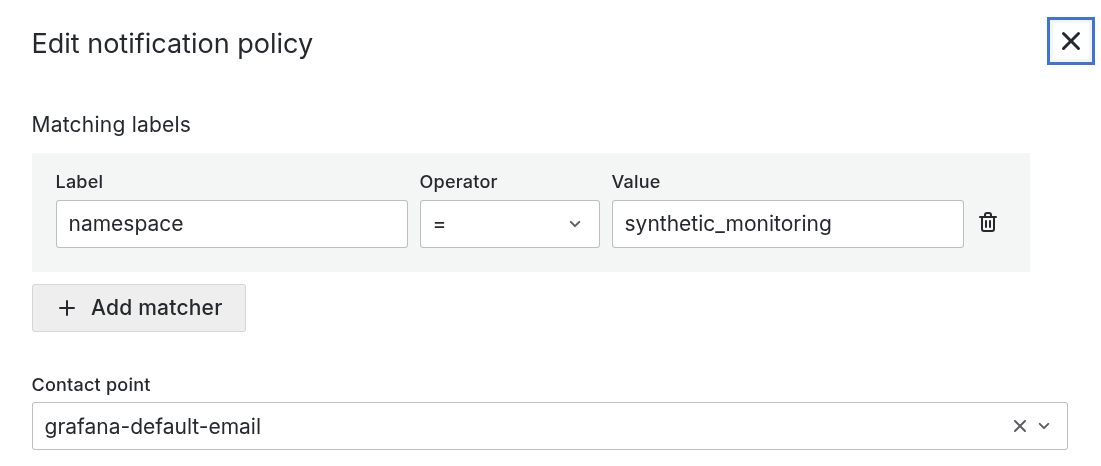 Alert notification policy matching Synthetic Monitoring label