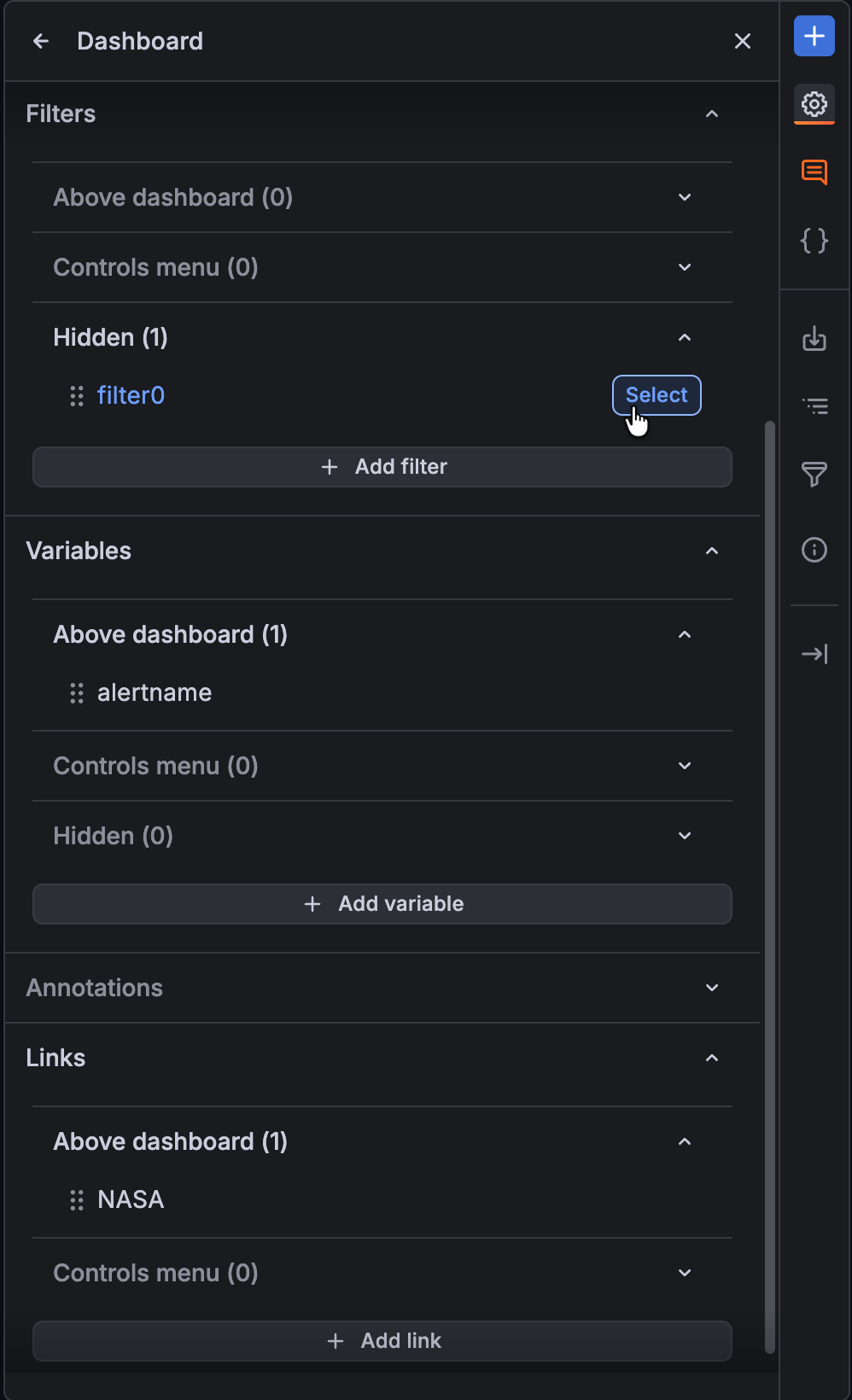 Dashboard controls in the Dashboard options sidebar view
