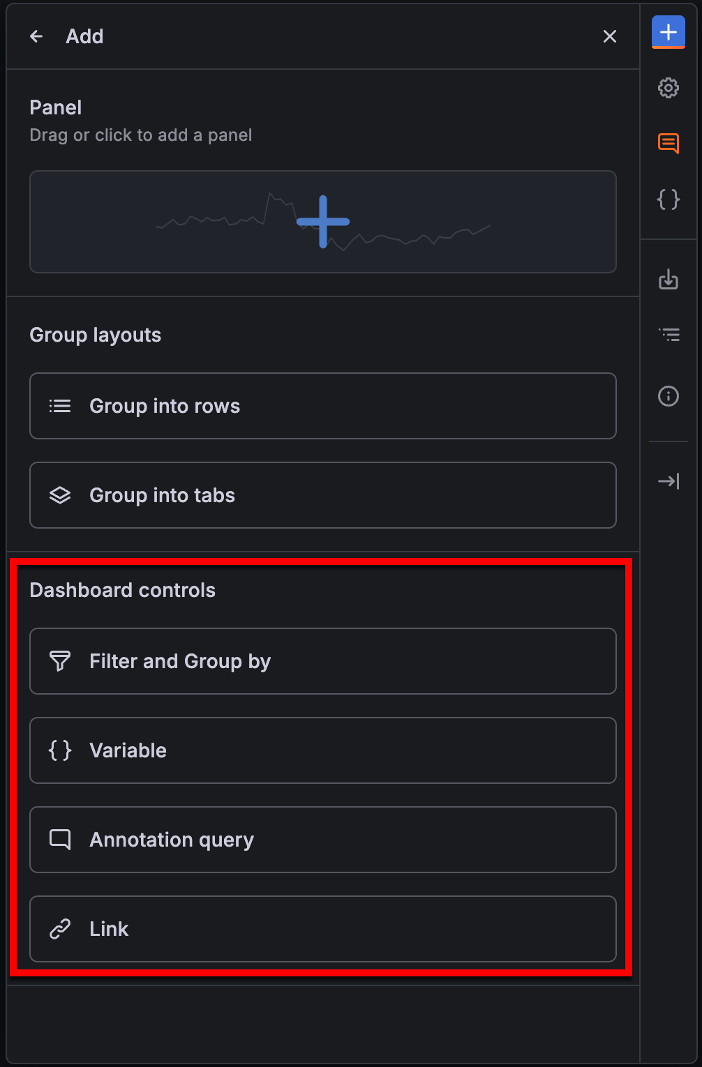 Dashboard controls in the Dashboard options sidebar view