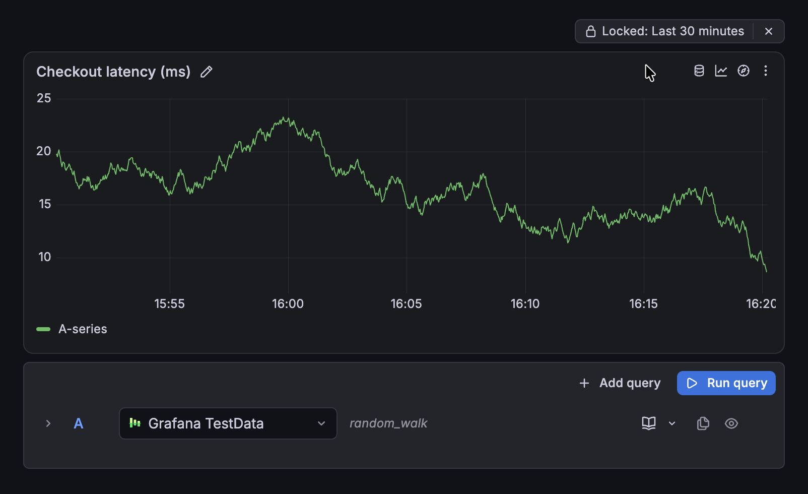 Notebook in edit mode with a panel title, visualization controls, a locked time range, and query controls below the chart