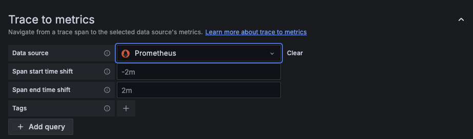 Trace to metrics settings in the Tempo data source
