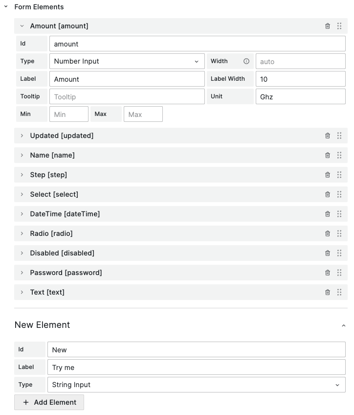 Form elements defined in Business Forms panel.