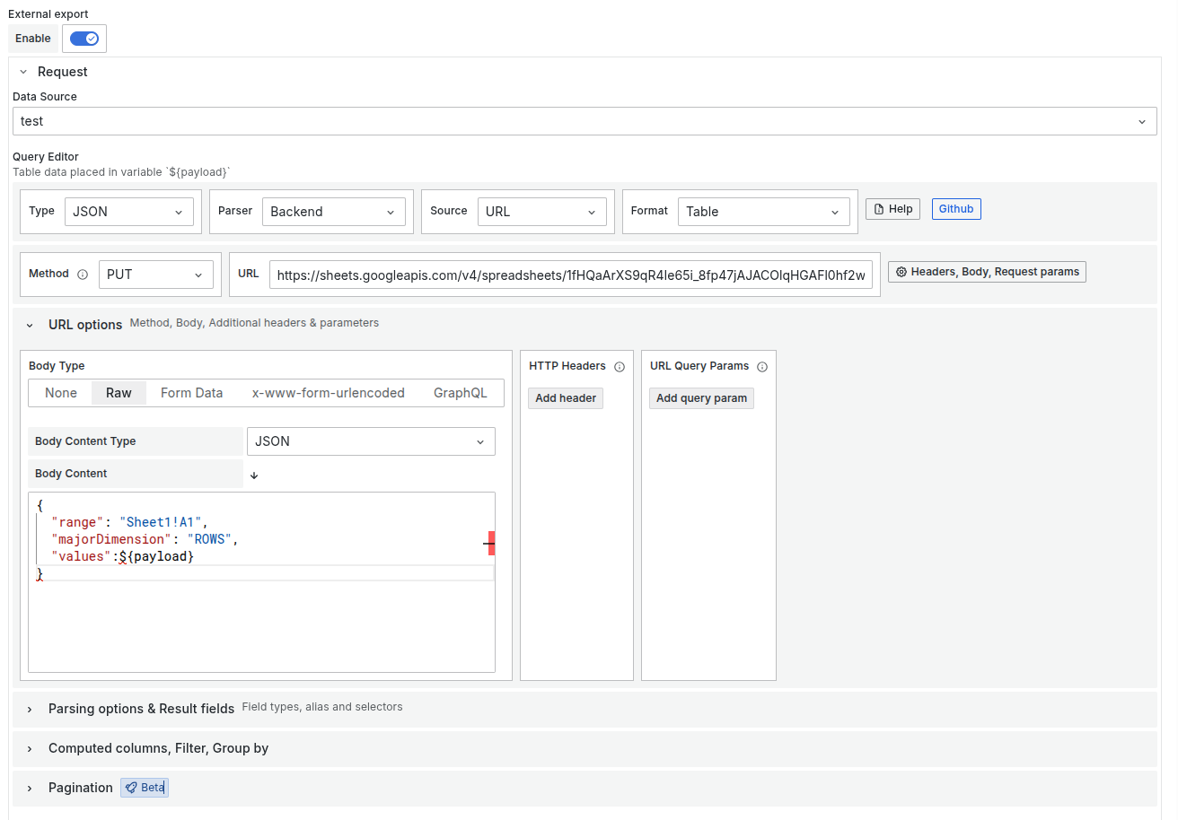 Request Configuration for Infinity Data Source
