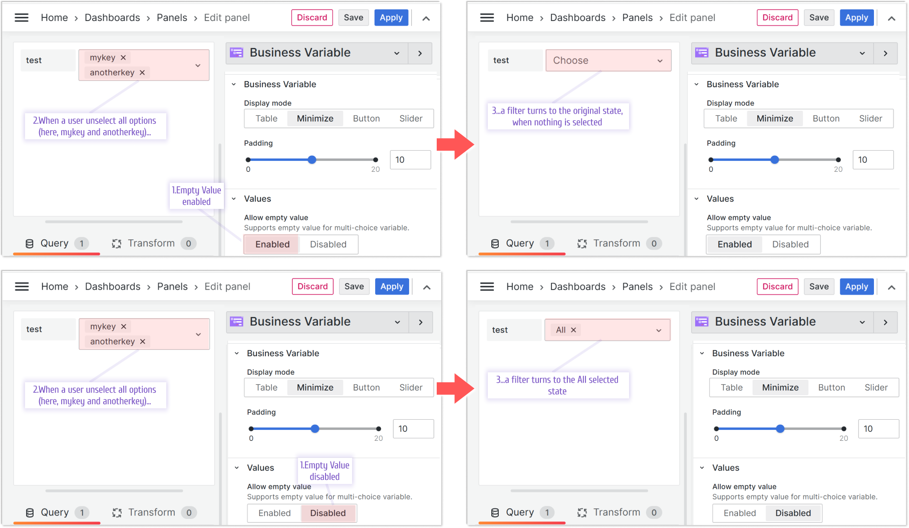 When you enable Allow empty value, a user can unselect all variable values.