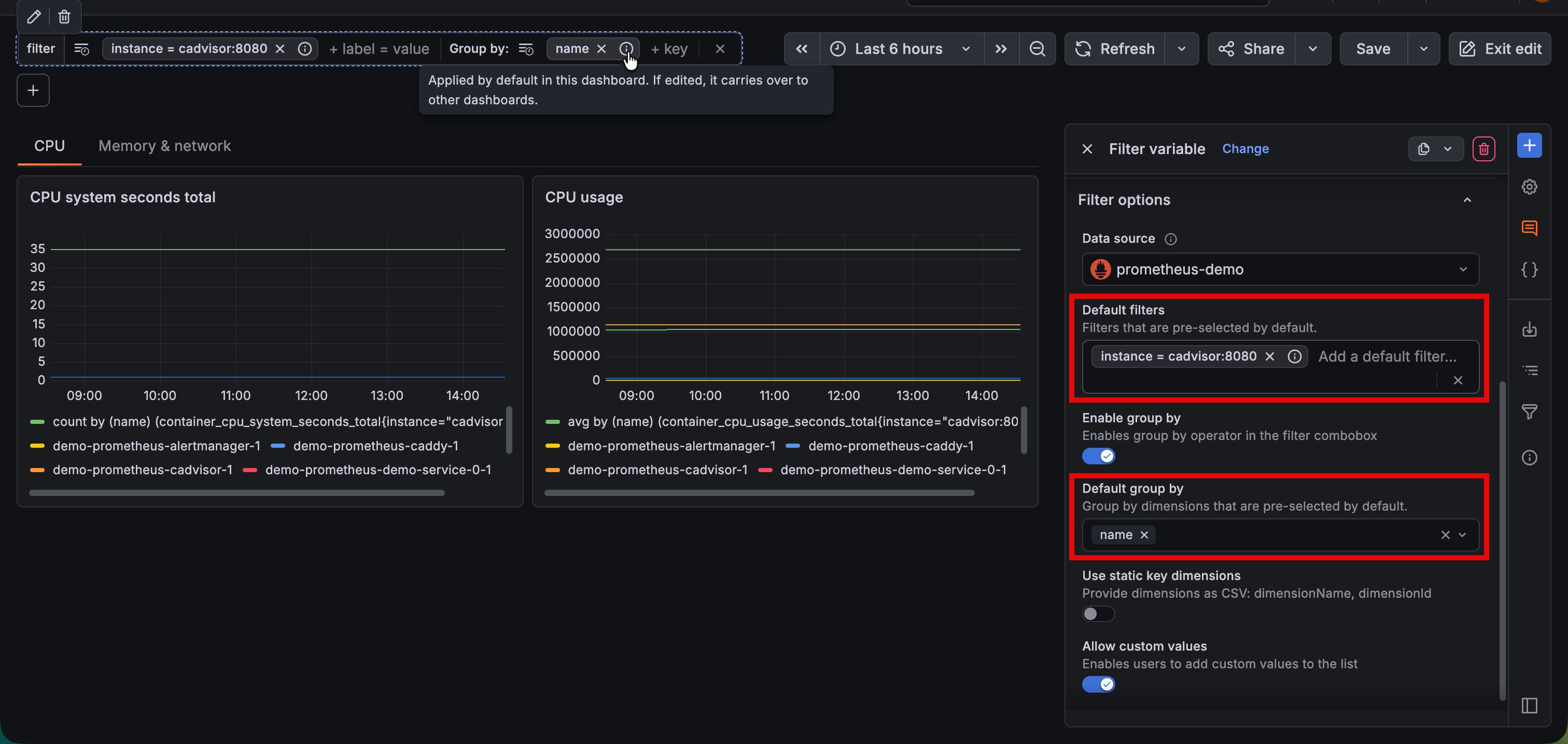 Dashboard with the filters and group by selections