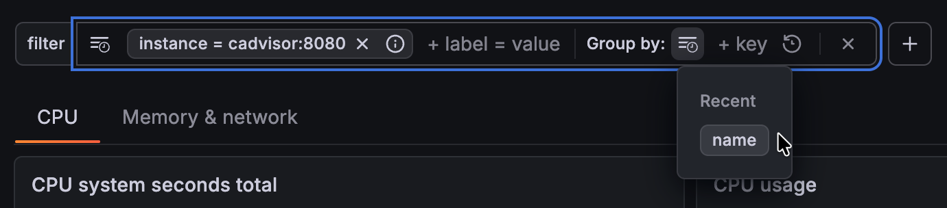 Dashboard with the filters and group by selections