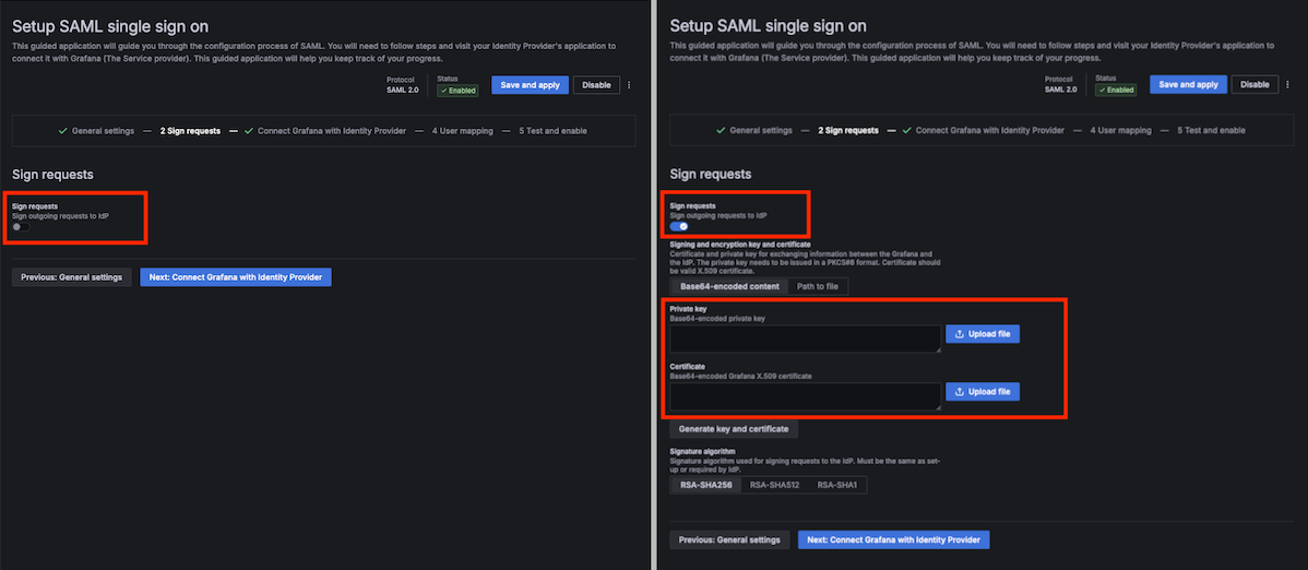 Sign requests in SAML config form