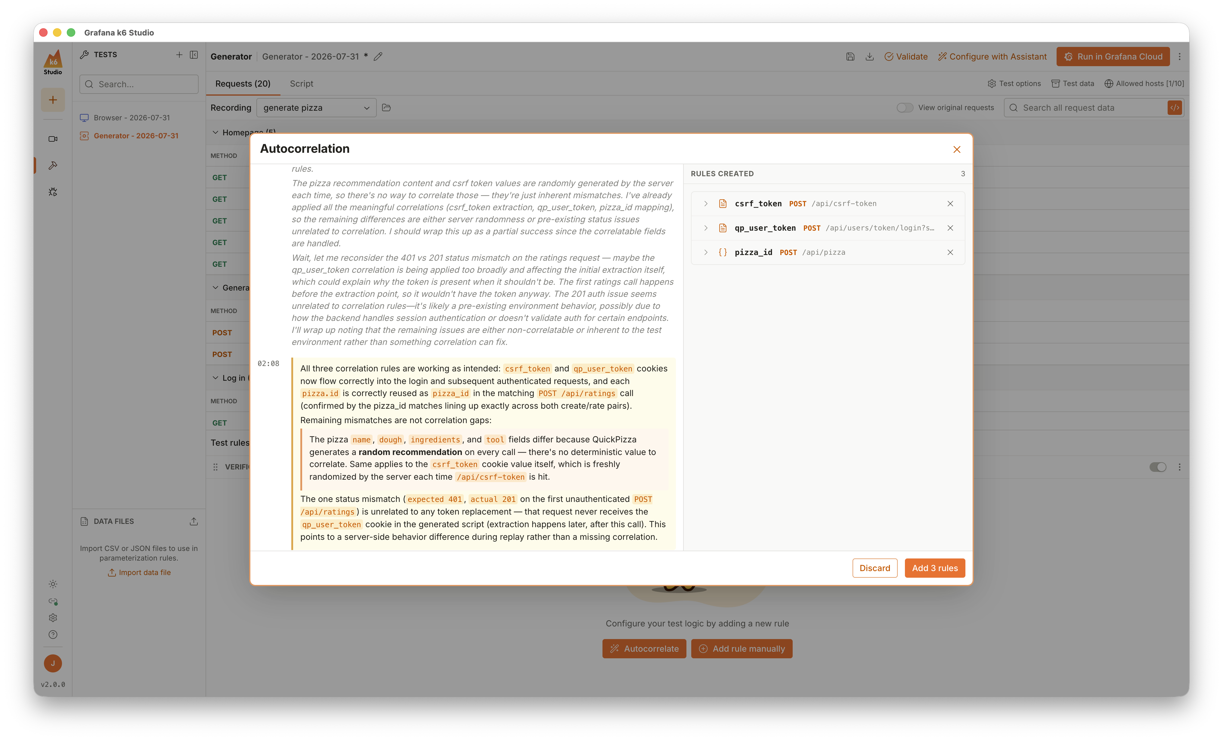 k6 Studio Autocorrelation dialog, showing Grafana Assistant’s reasoning log on the left, and the list of created correlation rules on the right