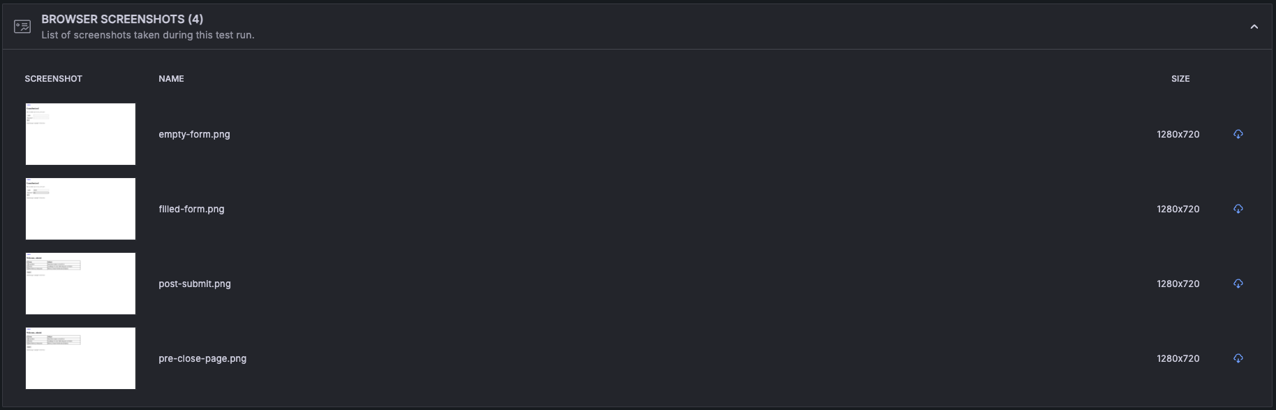 The Browser Screenshots section in a Grafana Cloud Performance testing test run results page. The Browser Screenshots section shows a table with four screenshots, including a small preview on the left side, the screenshot name, the size, and a download button