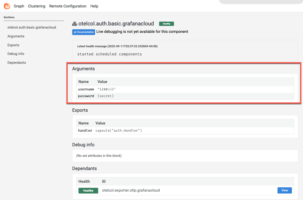 Grafana Alloy web interface showing the otelcol.auth.basic.grafanacloud component with the username field under Arguments.