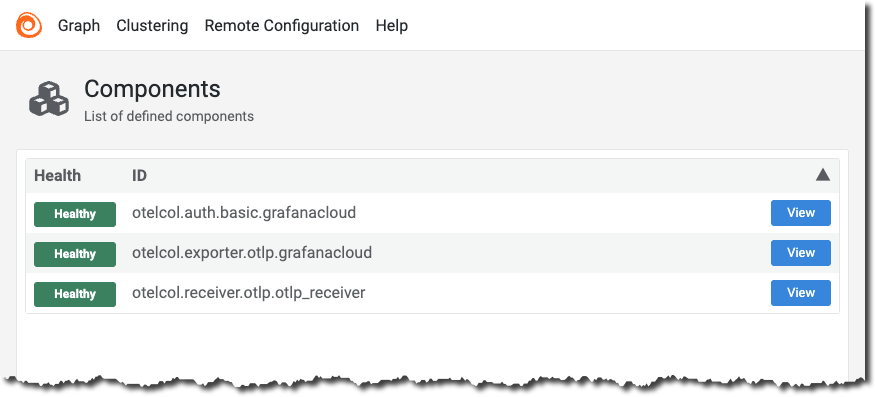 Grafana Alloy web interface showing the status of components including the otelcol.receiver.otlp and otelcol.exporter.otlp components.