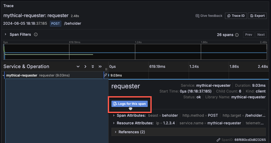 Use traces to go to a log entry