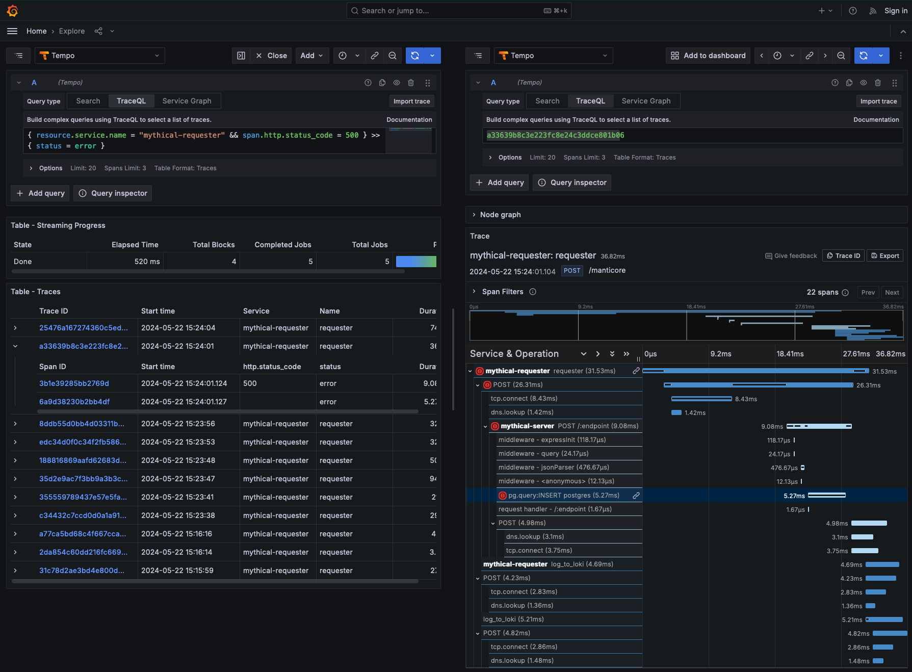 TraceQL results showing expanded span