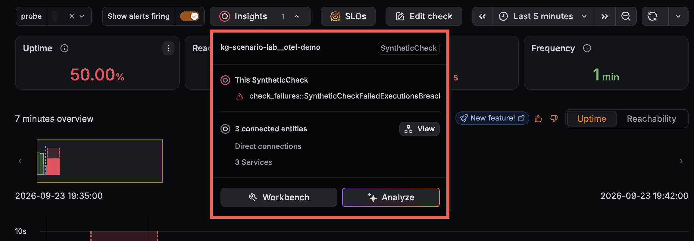 The Insights menu shows an active check insight and three connected services. The Insights menu shows an active check insight and three connected services.