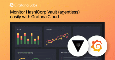 An illustration displays the Vault and Grafana Labs logos, as well as a dashboard in the background and copy that reads, Monitor HashiCorp Vault (agentless) easily with Grafana Cloud