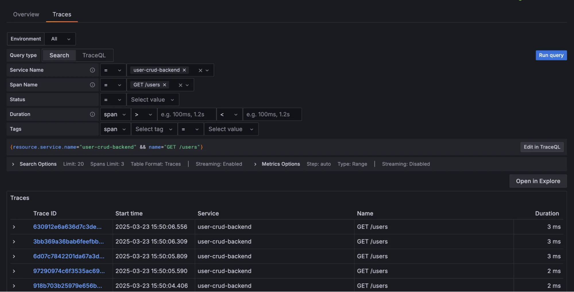 Traces query