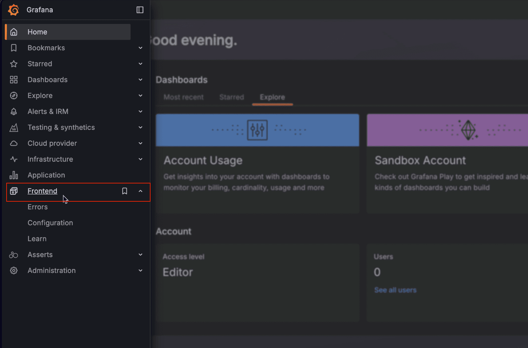 A screenshot showing where to navigate to Frontend Observability in the Grafana Cloud UI.