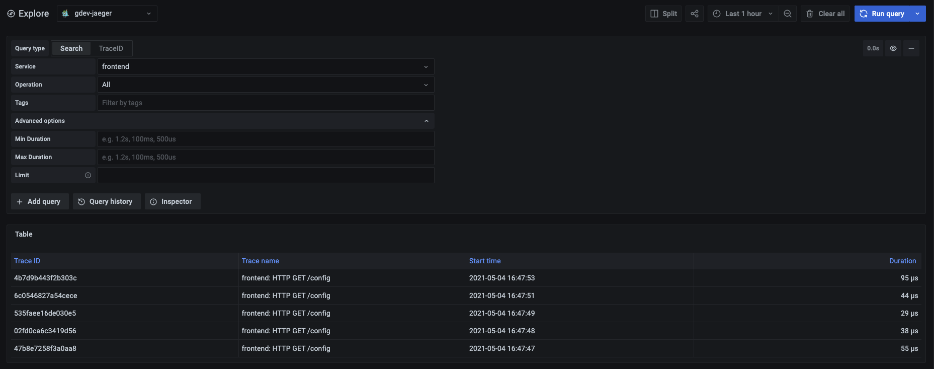 Jaeger query editor showing a search query Jaeger query editor showing a search query