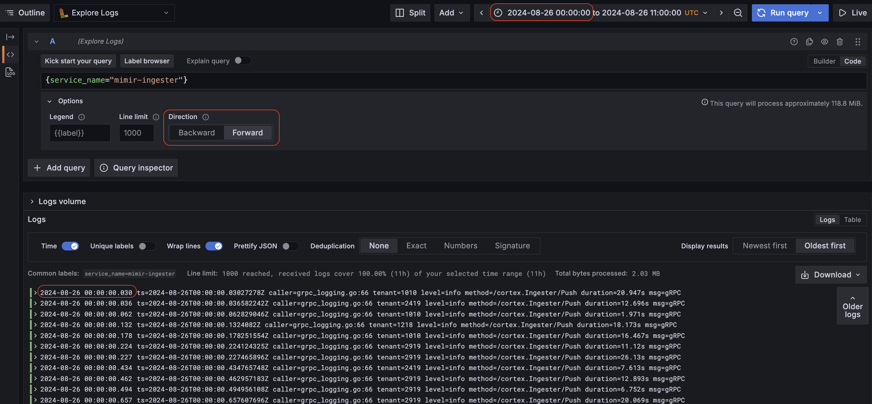 Explore logs with the Direction option selected